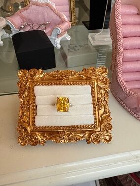 Yellow  Sterling Silver Cushion Cut Ring in Gold CZ  CANARY!! And Baguettes.